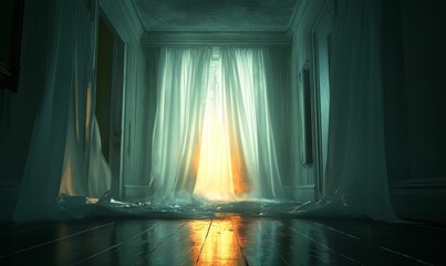 Poster - Sunlight through curtains in a dark hallway.