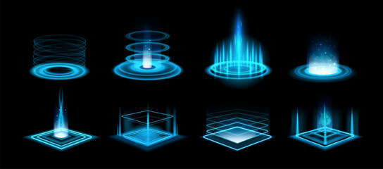 Portal. Blue futuristic neon glow hologram game stage with sparkles and vortex, teleport podium with light beams. HUD portals energy with blue rays. 3D tech vector product platform set.