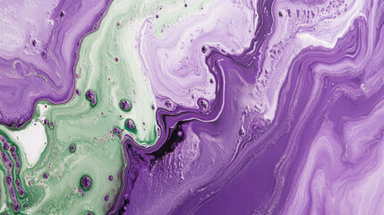 Wall Mural - A vibrant close-up of swirling purple and green liquid abstract art, showcasing intricate bubbles and fluid textures