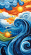 © Mohan - Abstract illustration of a bright sun shining through blue waves and rain.