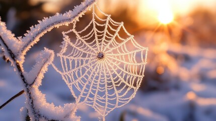 A frost-covered spider web sparkling in the morning sun.