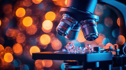 Close-up of a microscope with lenses in focus, with a blurred background of bokeh lights.