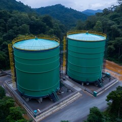 Aerial view of two large green water tanks surrounded by lush green forest and hills, showcasing a blend of technology and nature.