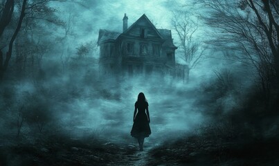 Wall Mural - Woman walks toward spooky house in fog.