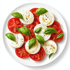 Fresh mozzarella and tomato salad with basil leaves on a white plate, appetizing and colorful presentation.