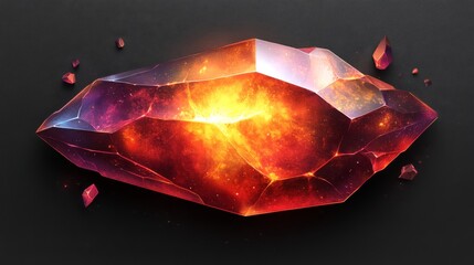 A vibrant, glowing crystal cluster with fiery hues of orange and red set against a dark background.