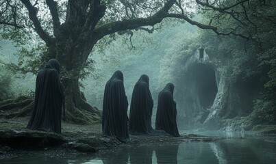 Wall Mural - Four hooded figures stand by a river in a misty