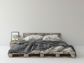 A simple. minimalist bedroom with a pallet bed. a nightstand. a picture frame. and a blanket The bed is made with white sheets and a gray blanket The nightstand is made of wood and has a small