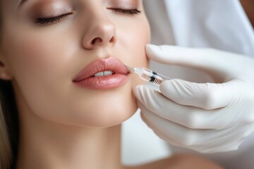 Aufkleber - A skilled professional administers a hyaluronic acid injection to enhance the woman's lips and rejuvenate her skin. Generative AI