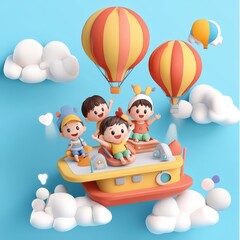 Colorful hot air balloons and cheerful children sailing in a playful boat among fluffy clouds.