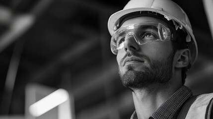 Fototapete - A construction worker wearing a hard hat and safety glasses evaluates the site, ensuring safety and compliance with regulations. Generative AI