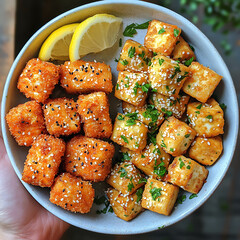 Crispy traditional tofu served in two variations, one with golden crust and other garnished with sesame seeds and herbs, perfect for delightful meal