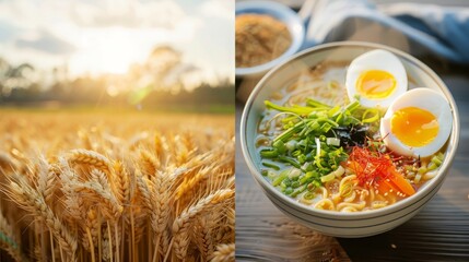 Canvas Print - A bowl of ramen with two soft-boiled eggs, scallions, and red pepper flakes sits next to a field of wheat at sunset.,from crop to dish