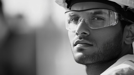 Aufkleber - A construction worker focuses intently while wearing a hard hat and safety glasses on a busy construction site in daylight. Generative AI