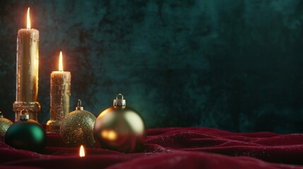 Canvas Print - Three beautiful candles burn brightly, casting a warm glow on festive christmas ornaments displayed on a luxurious red velvet backdrop. Ideal for adding holiday magic to any project!