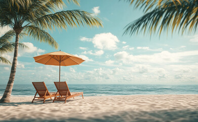 On the beautiful beach, there are palm trees and sun umbrella lounge chairs, holiday posters, and travel backgrounds