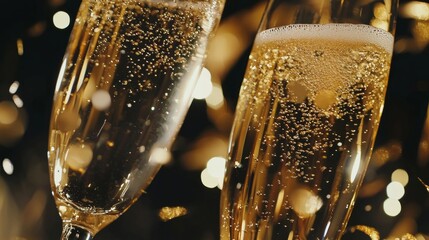 Two champagne flutes filled with bubbly, sparkling wine are clinking together in celebration with festive golden bokeh lights in the background