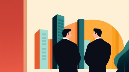 two businessmen in suits observe a stylized city skyline, symbolizing corporate strategy and urban d