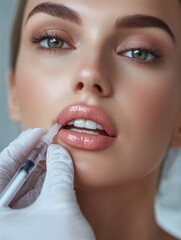 Aufkleber - A woman with striking features is having hyaluronic acid injected into her lips for enhancement and rejuvenation at a cosmetic clinic. Generative AI