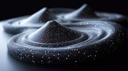 Abstract 3D rendering of three swirling peaks with gold glitter, set against a black background.