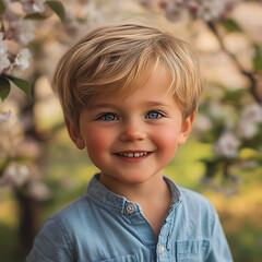 A cheerful four year old boy with short blonde hair smiles brightly amidst blooming flowers, radiating joy and innocence in beautiful outdoor setting