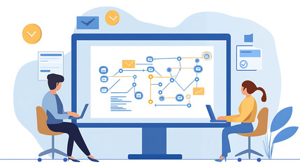 Analyzing workflow processes, two professionals collaborate in modern office setting, utilizing laptops and large screen displaying flowchart. Their focused expressions reflect teamwork and