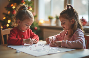 Two young girls crafting snowflakes together at a cozy home during the holiday season