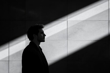 black and white male silhouette, portrait of man in profile on background with shadow, copy space