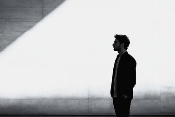 black and white male silhouette, portrait of unknown man in profile on background with shadow, copy space