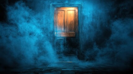 Poster - A large door illuminated in a smoky dark room