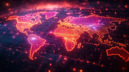 A stylized glowing world map with continents highlighted in a vibrant red, rendered in a futuristic and abstract style.