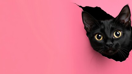 Canvas Print - Black cat tearing through pink background with text space for promotion