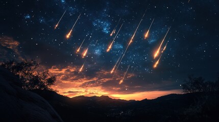 Wall Mural - A meteor shower against a dark sky.
