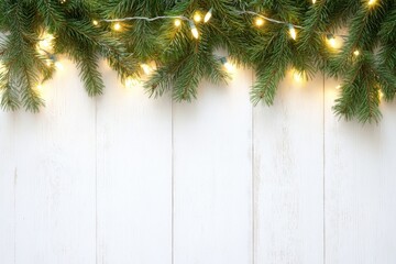 Festive holiday background with christmas lights pine branches