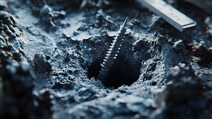 Close-Up of a Drywall Screw Embedded in Gypsum Board with Construction Tools in the Background