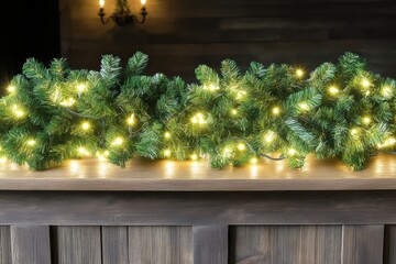 Wall Mural - festive christmas garland with warm lights on wooden surface