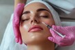 © Анатолий Сав - A woman relaxes as a practitioner administers a hyaluronic acid injection to enhance her lips and rejuvenate her skin. Generative AI