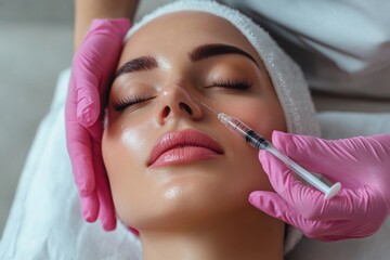 Poster - A woman relaxes as a practitioner administers a hyaluronic acid injection to enhance her lips and rejuvenate her skin. Generative AI