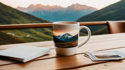 Wall Mural - Ceramic travel souvenir mug with a scenic mountain print, placed by a window with a breathtaking view, ideal for travel memories and personalized gifts