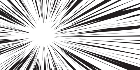 Manga background. Comic anime black lines on white. Fast speed lines movement effect frame. Superhero action. Horizontal vector illustration.