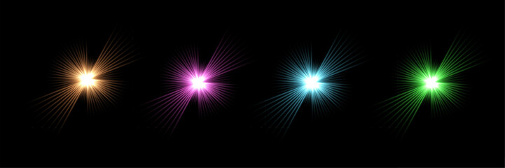 Light flashes with sparkle, glare, glint effect isolated on black. Different color glow glared abstract stars set. Bright sparkling vector illustration. Flash of light with ray beams in space.