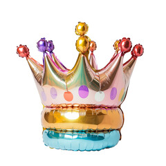 A balloon in the shape of a crown on a white background. Plastic, inflatable, transparent, front view