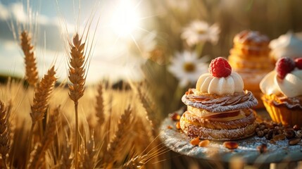 Wall Mural - A close-up of a freshly baked pastry with whipped cream and a raspberry on top, set against a backdrop of a golden wheat field.,from crop to dish