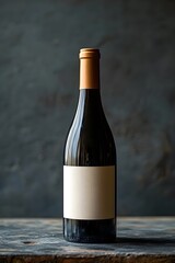 Wall Mural - A dark wine bottle with a blank label and a golden cap sits on a rustic wooden surface, set against a moody, textured background, exuding elegance and simplicity