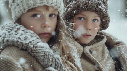 Cozy Winter Children, adorable kids bundled in soft cashmere coats and chunky knit hats, playfully adorned with delicate snowflakes, exuding warmth and joy in a winter wonderland