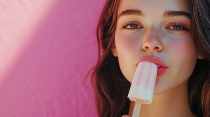Aufkleber - A young woman licks a refreshing popsicle on a stick, savoring the sweet treat while standing in front of a bright pink wall. Generative AI
