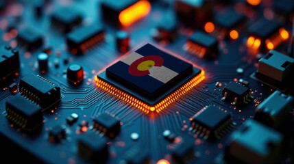 A microprocessor with the Colorado flag is embedded on a circuit board, highlighted by glowing lights, showcasing influence in global semiconductor and computing technology.