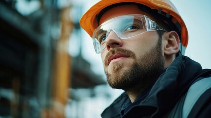 Leinwandbilder - A construction worker wearing a hard hat and safety glasses attentively studies building plans while overseeing a busy construction site. Generative AI