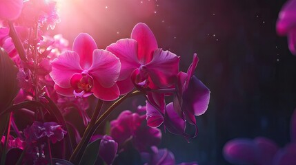 Poster - A bouquet of bright pink orchids stands out against a dark background, their vibrant hues and detailed petals embodying the beauty