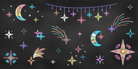 Wall Mural - Children's Chalk Drawn Sketch. Set of Design Elements Stars, Moons, Meteorites Isolated on Chalkboard Backdrop.